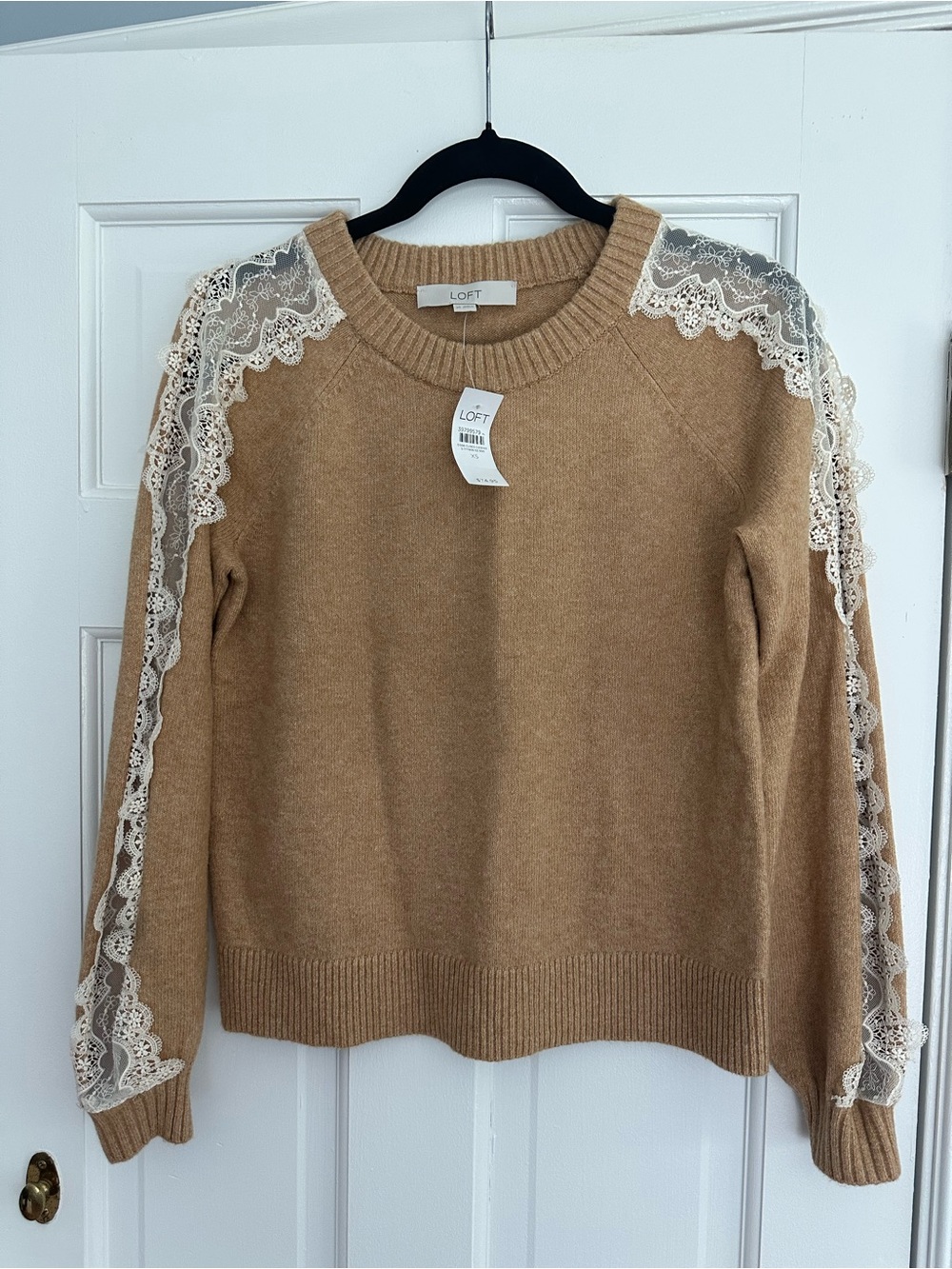 NWT LOFT Camel Lace-Trim Crewneck Sweater